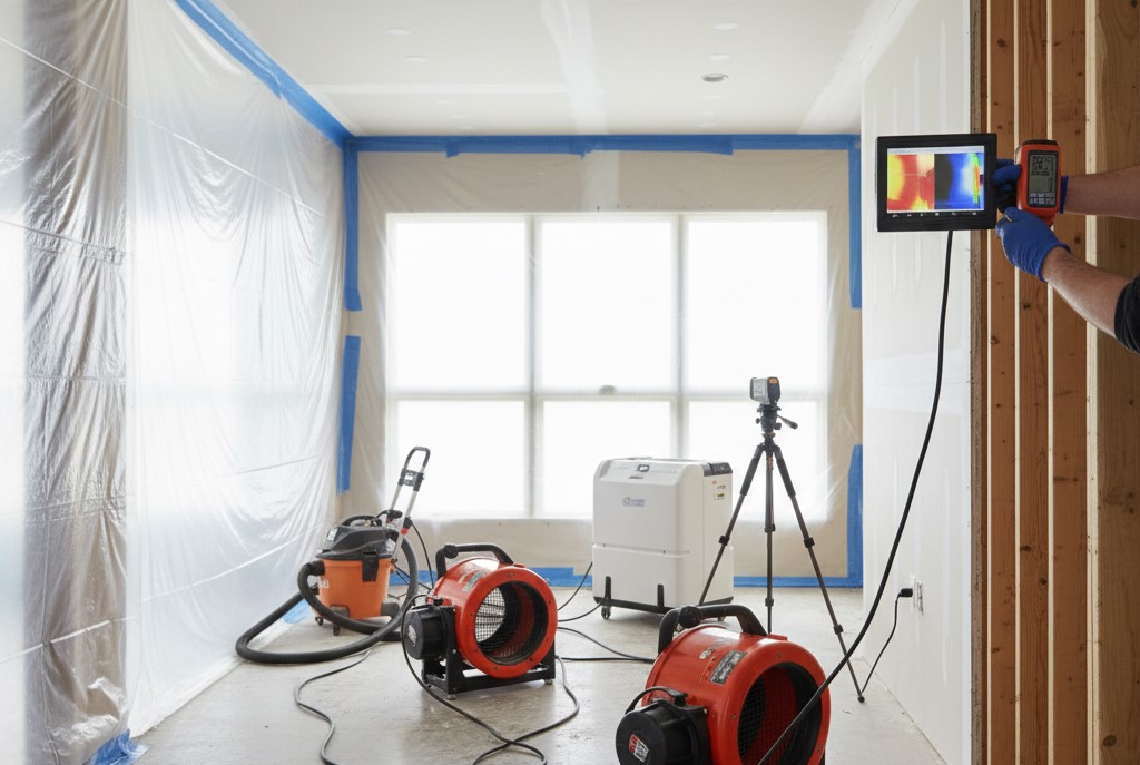 Professional remediation of a coastal home after saltwater flooding, showing industrial drying equipment, moisture meter testing, thermal imaging, HEPA vacuum, and containment barriers for mold assessment and safe restoration.